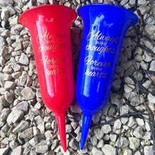 Load image into Gallery viewer, Red and Blue Set of 2 Forever in Our Hearts Fluted Spiked Memorial Grave Flower Vases