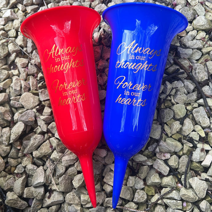 Red and Blue Set of 2 Forever in Our Hearts Fluted Spiked Memorial Grave Flower Vases