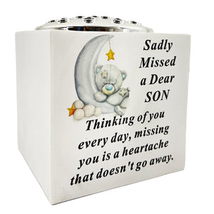 Special Son Baby Boy Teddy Bear Moon Memorial Graveside Flower Vase Pot Holder