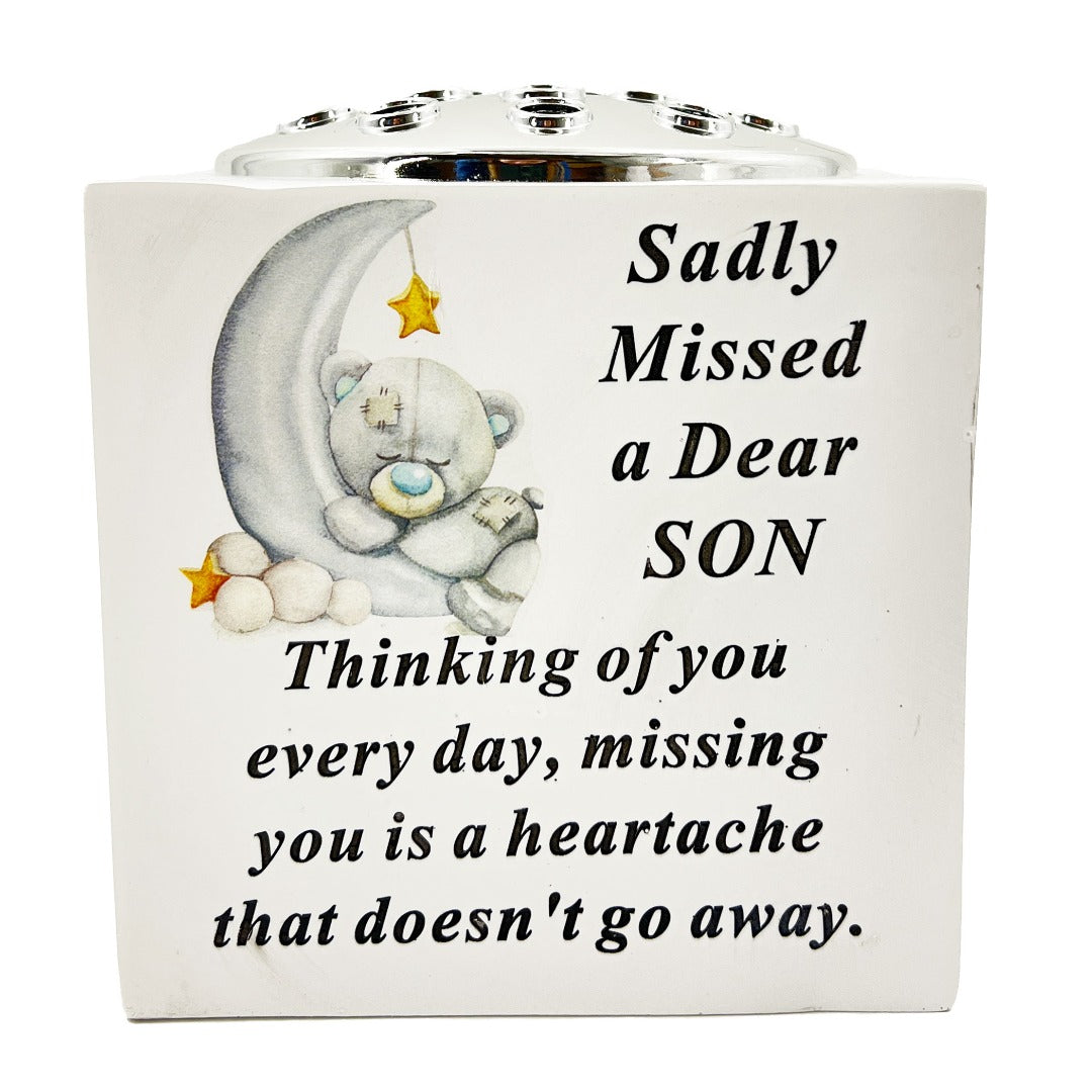 Special Son Baby Boy Teddy Bear Moon Memorial Graveside Flower Vase Pot Holder