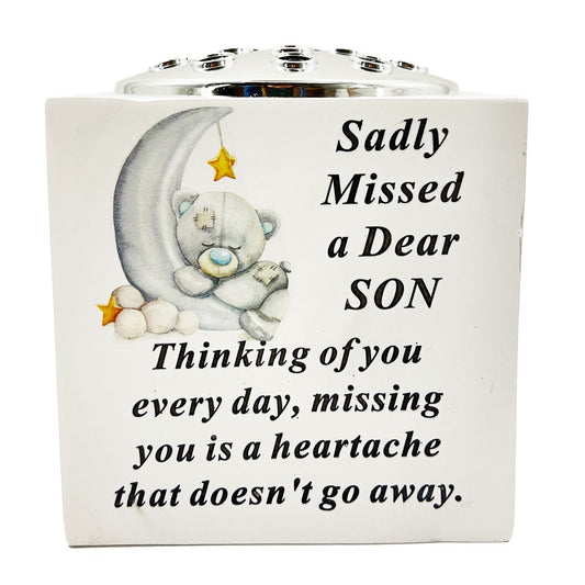Special Son Baby Boy Teddy Bear Moon Memorial Graveside Flower Vase Pot Holder
