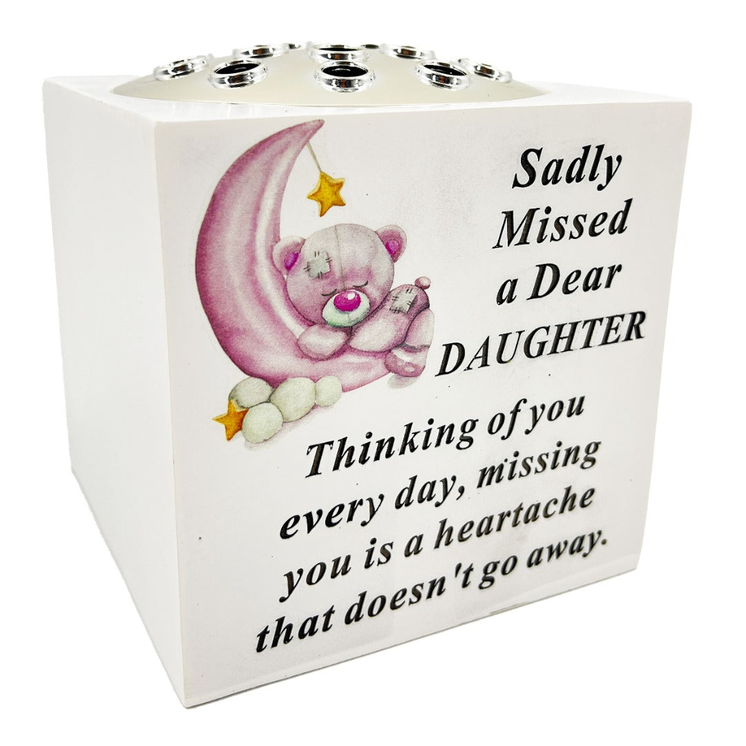 Special Daughter Baby Girl Teddy Bear Moon Memorial Graveside Flower Vase Pot Holder