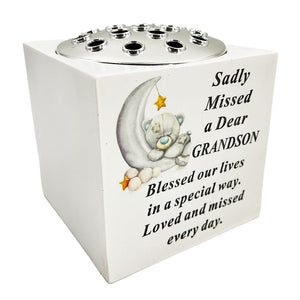 Special Grandson Baby Boy Teddy Bear Moon Memorial Graveside Flower Vase Pot Holder