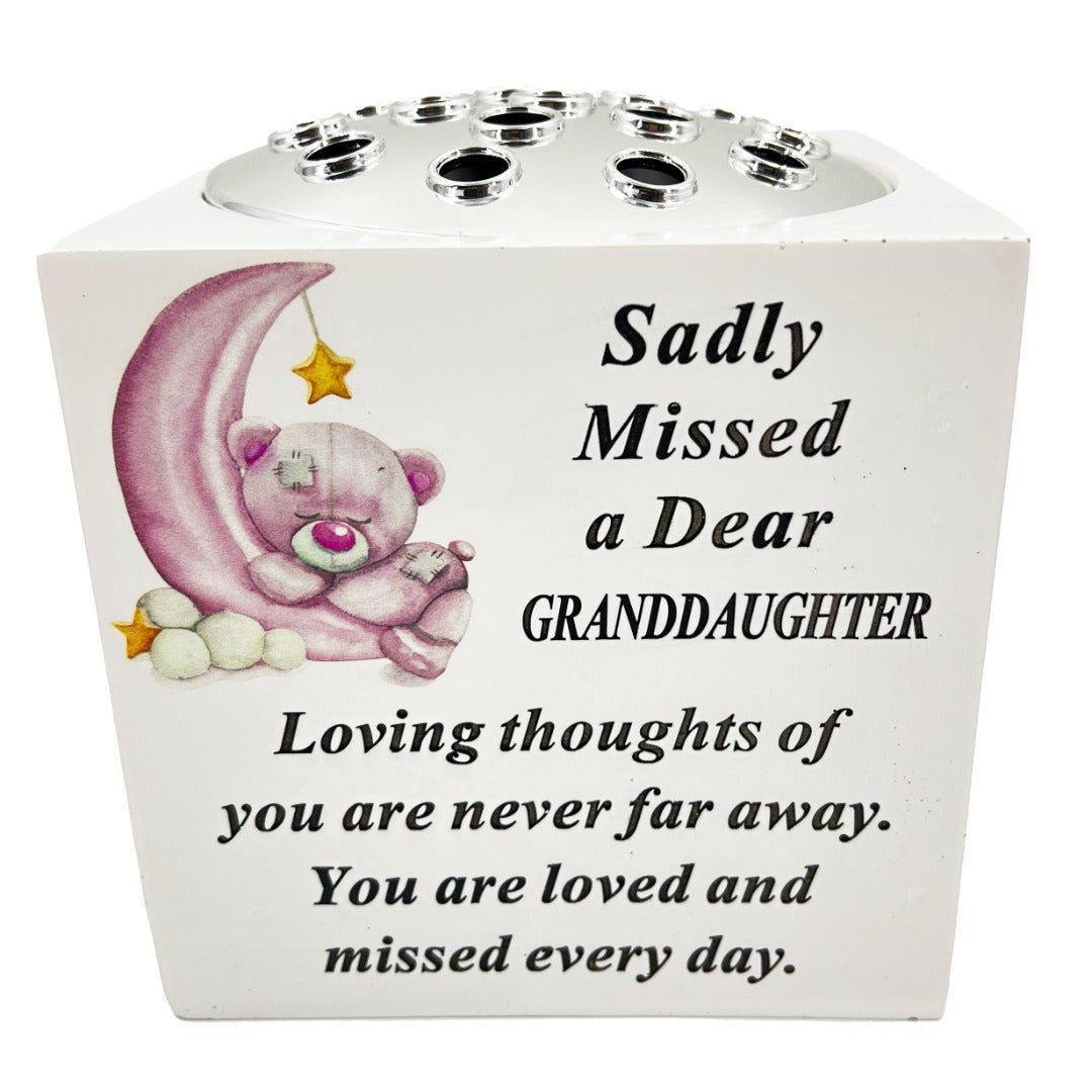 Special Granddaughter Baby Girl Teddy Bear Moon Memorial Graveside Flower Vase Pot Holder
