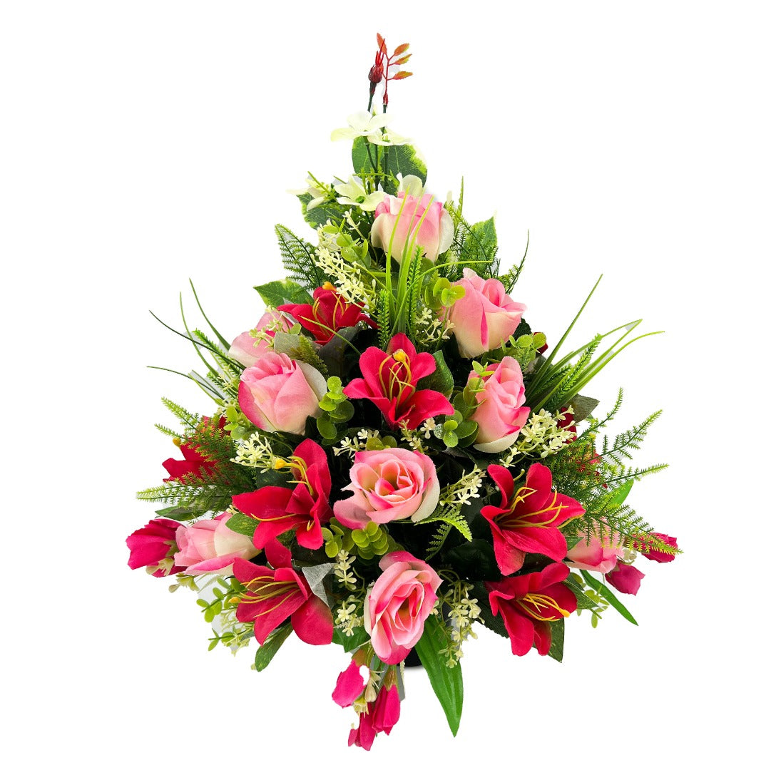 Ella Pink Rose Lily Artificial Flower Graveside Cemetery Memorial Arrangement Flat Back