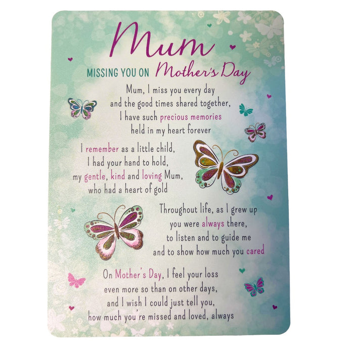 Missing You Mum On Mothers Day Butterfly Memorial Remembrance Verse Plastic Coated Grave Graveside Card