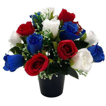 Ross Red, White & Blue Rose Buds Graveside Memorial Pot Arrangement