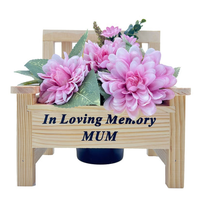 In Loving Memory Mum Bench with Pink Dahlia Artificial Flower Graveside Cemetery Memorial Arrangement