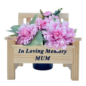 In Loving Memory Mum Bench with Pink Dahlia Artificial Flower Graveside Cemetery Memorial Arrangement