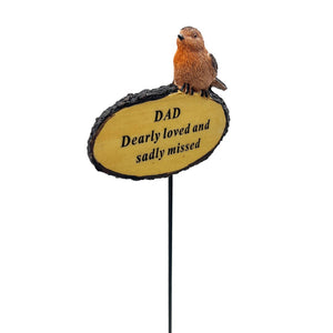 Dearly Loved Dad Robin Bird Memorial Tribute Stick Graveside Flower Garden Plaque