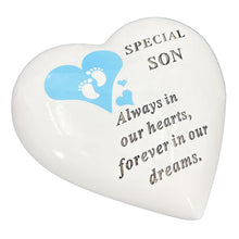 Load image into Gallery viewer, Special Son Blue Little Footprints Boy Baby Memorial Graveside Heart Ornament Plaque