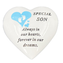 Load image into Gallery viewer, Special Son Blue Little Footprints Boy Baby Memorial Graveside Heart Ornament Plaque