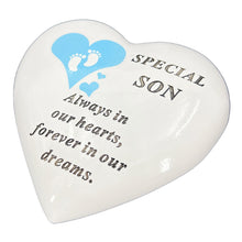 Load image into Gallery viewer, Special Son Blue Little Footprints Boy Baby Memorial Graveside Heart Ornament Plaque