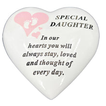 Load image into Gallery viewer, Special Daughter Pink Little Footprints Girl Baby Memorial Graveside Heart Ornament Plaque