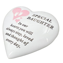 Load image into Gallery viewer, Special Daughter Pink Little Footprints Girl Baby Memorial Graveside Heart Ornament Plaque