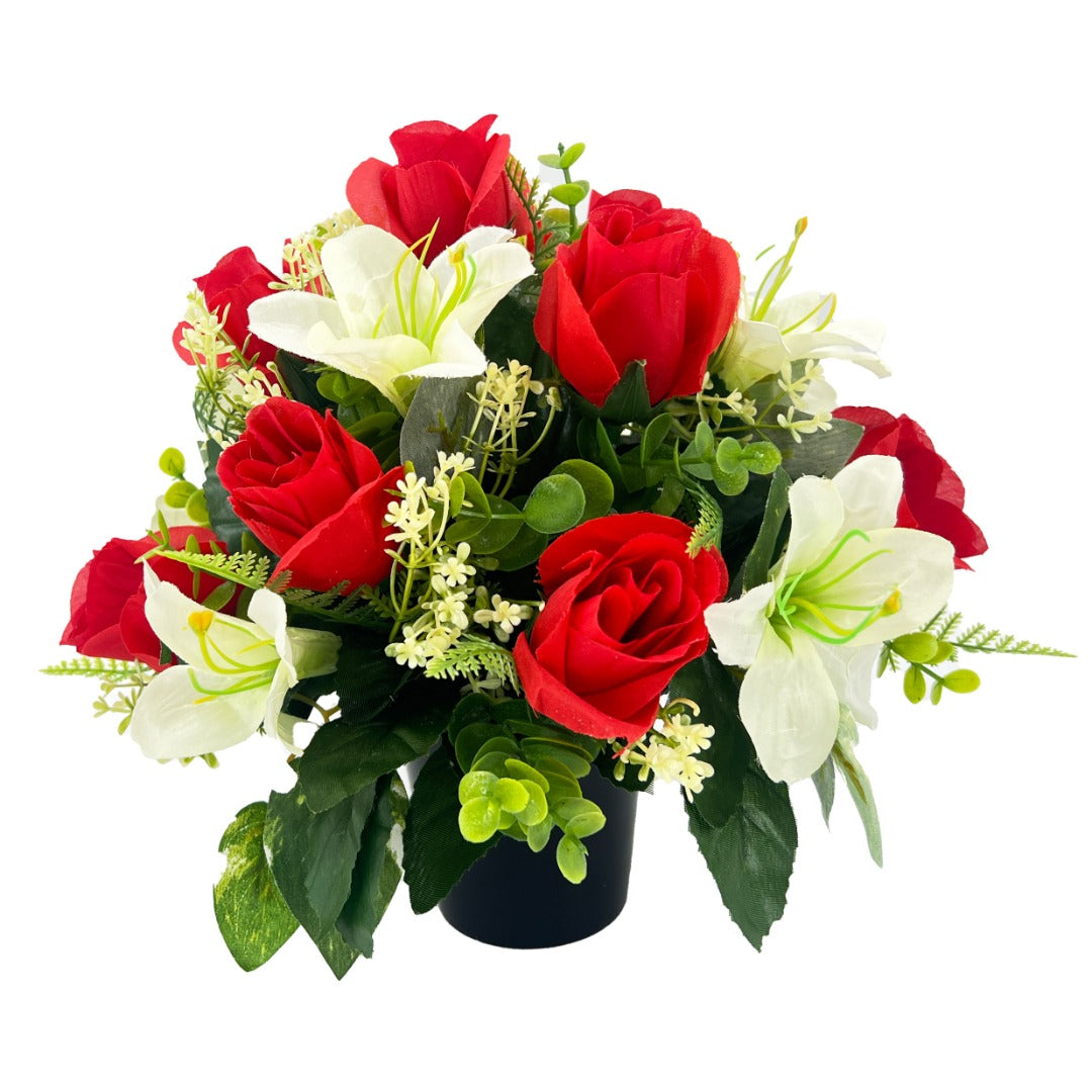 Lali Red & White Rose Lily Graveside Memorial Pot Arrangement