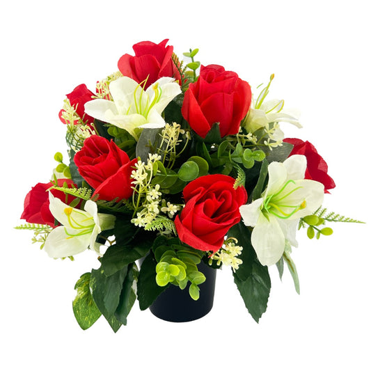 Lali Red & White Rose Lily Graveside Memorial Pot Arrangement