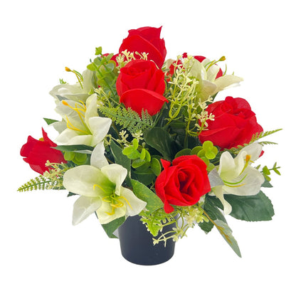 Lali Red & White Rose Lily Graveside Memorial Pot Arrangement