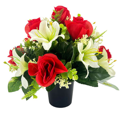 Lali Red & White Rose Lily Graveside Memorial Pot Arrangement