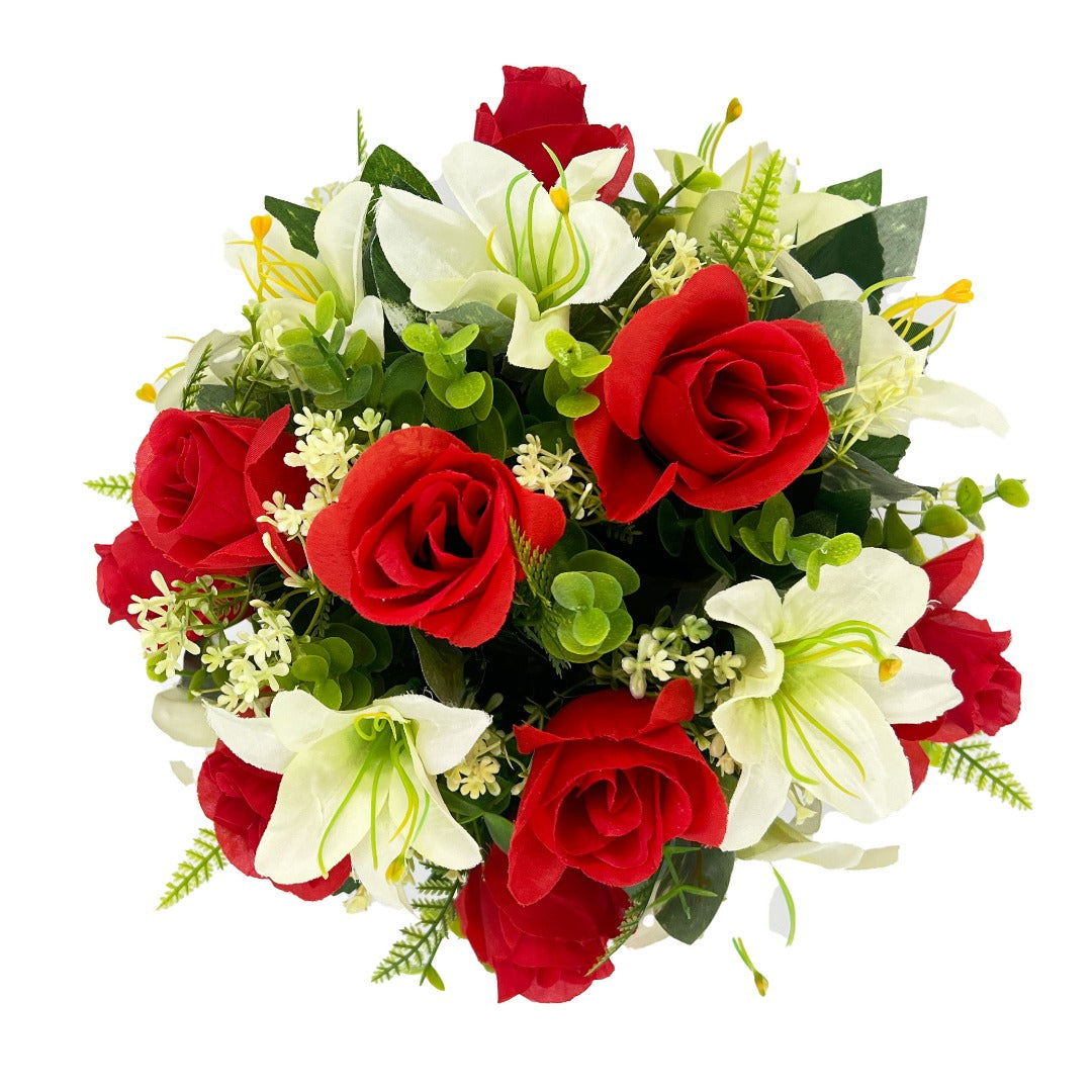Lali Red & White Rose Lily Graveside Memorial Pot Arrangement