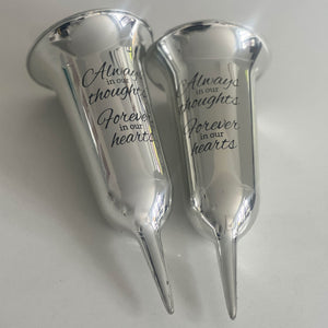 Set of 2 Silver Mirrored Mirror Forever in Our Hearts Fluted Spiked Memorial Grave Flower Vases