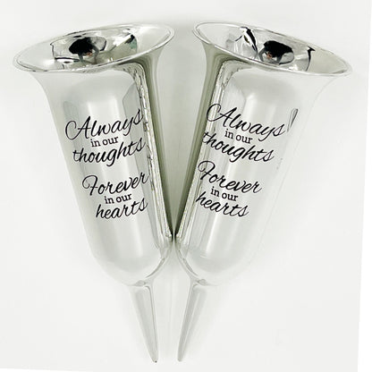Set of 2 Silver Mirrored Mirror Forever in Our Hearts Fluted Spiked Memorial Grave Flower Vases
