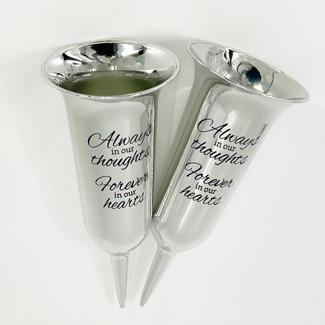 Set of 2 Silver Mirrored Mirror Forever in Our Hearts Fluted Spiked Memorial Grave Flower Vases