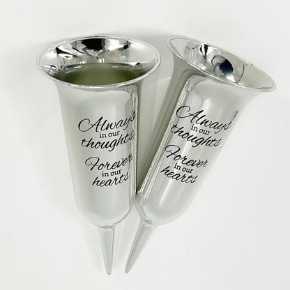 Set of 2 Silver Mirrored Mirror Forever in Our Hearts Fluted Spiked Memorial Grave Flower Vases