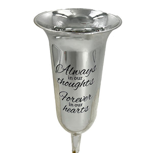 Set of 2 Silver Mirrored Mirror Forever in Our Hearts Fluted Spiked Memorial Grave Flower Vases