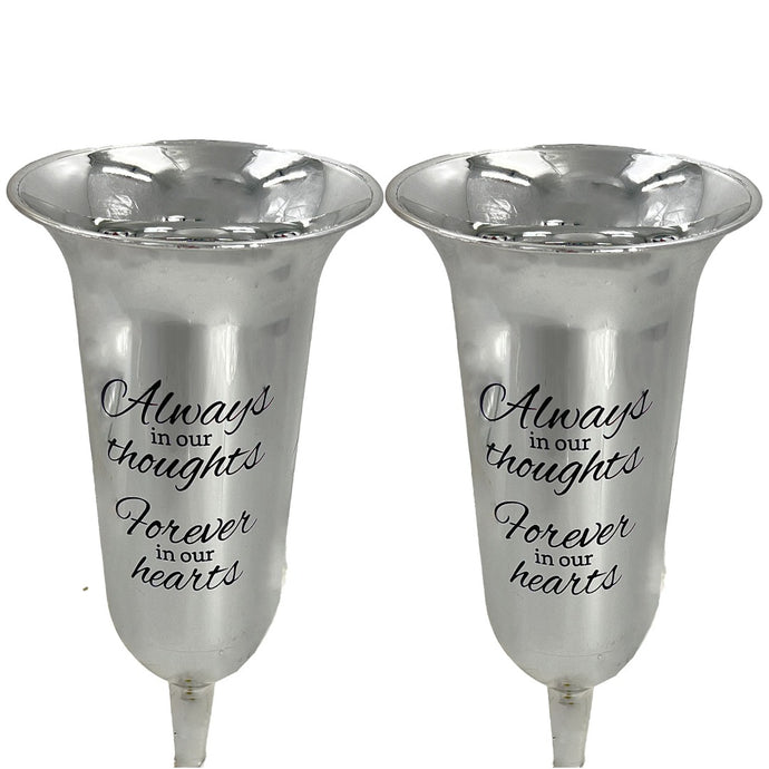 Set of 2 Silver Mirrored Mirror Forever in Our Hearts Fluted Spiked Memorial Grave Flower Vases