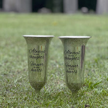 Load image into Gallery viewer, Set of 2 Silver Mirrored Mirror Forever in Our Hearts Fluted Spiked Memorial Grave Flower Vases