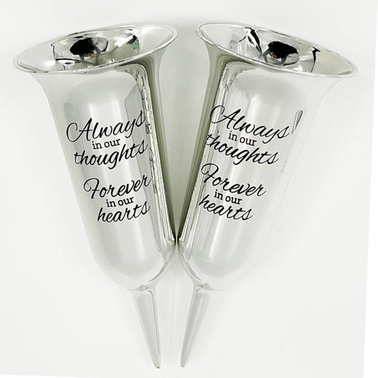 Set of 2 Silver Mirrored Mirror Forever in Our Hearts Fluted Spiked Memorial Grave Flower Vases