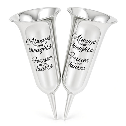 Set of 2 Silver Mirrored Mirror Forever in Our Hearts Fluted Spiked Memorial Grave Flower Vases