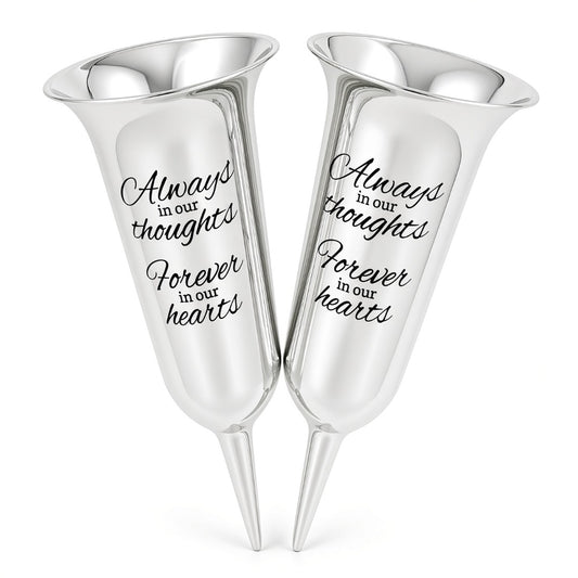 Set of 2 Silver Mirrored Mirror Forever in Our Hearts Fluted Spiked Memorial Grave Flower Vases