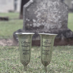 Set of 2 Silver Mirrored Mirror Forever in Our Hearts Fluted Spiked Memorial Grave Flower Vases