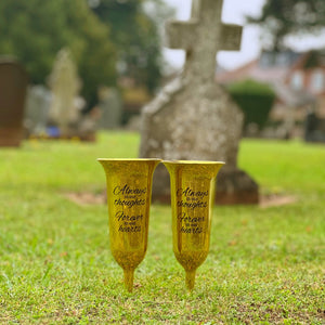 Set of 2 Gold Mirrored Mirror Forever in Our Hearts Fluted Spiked Memorial Grave Flower Vases