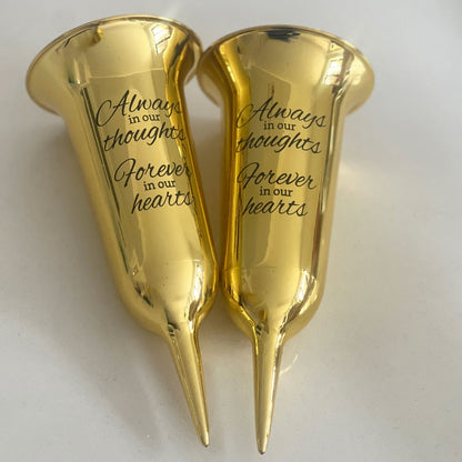 Set of 2 Gold Mirrored Mirror Forever in Our Hearts Fluted Spiked Memorial Grave Flower Vases