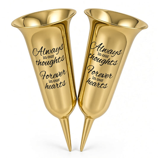 Set of 2 Gold Mirrored Mirror Forever in Our Hearts Fluted Spiked Memorial Grave Flower Vases