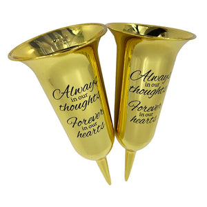 Set of 2 Gold Mirrored Mirror Forever in Our Hearts Fluted Spiked Memorial Grave Flower Vases