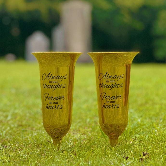 Set of 2 Gold Mirrored Mirror Forever in Our Hearts Fluted Spiked Memorial Grave Flower Vases