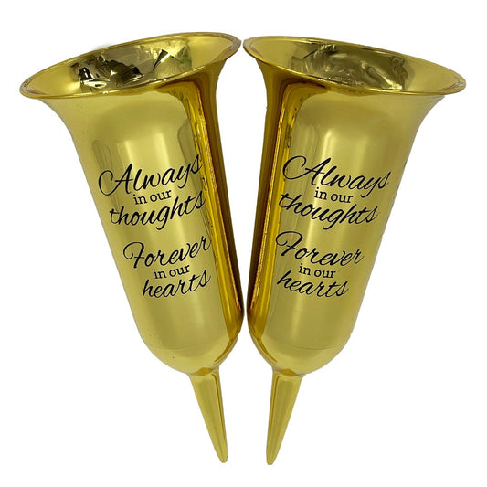 Set of 2 Gold Mirrored Mirror Forever in Our Hearts Fluted Spiked Memorial Grave Flower Vases
