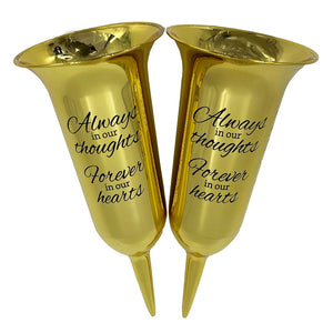 Set of 2 Gold Mirrored Mirror Forever in Our Hearts Fluted Spiked Memorial Grave Flower Vases