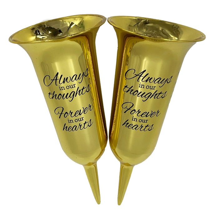 Set of 2 Gold Mirrored Mirror Forever in Our Hearts Fluted Spiked Memorial Grave Flower Vases