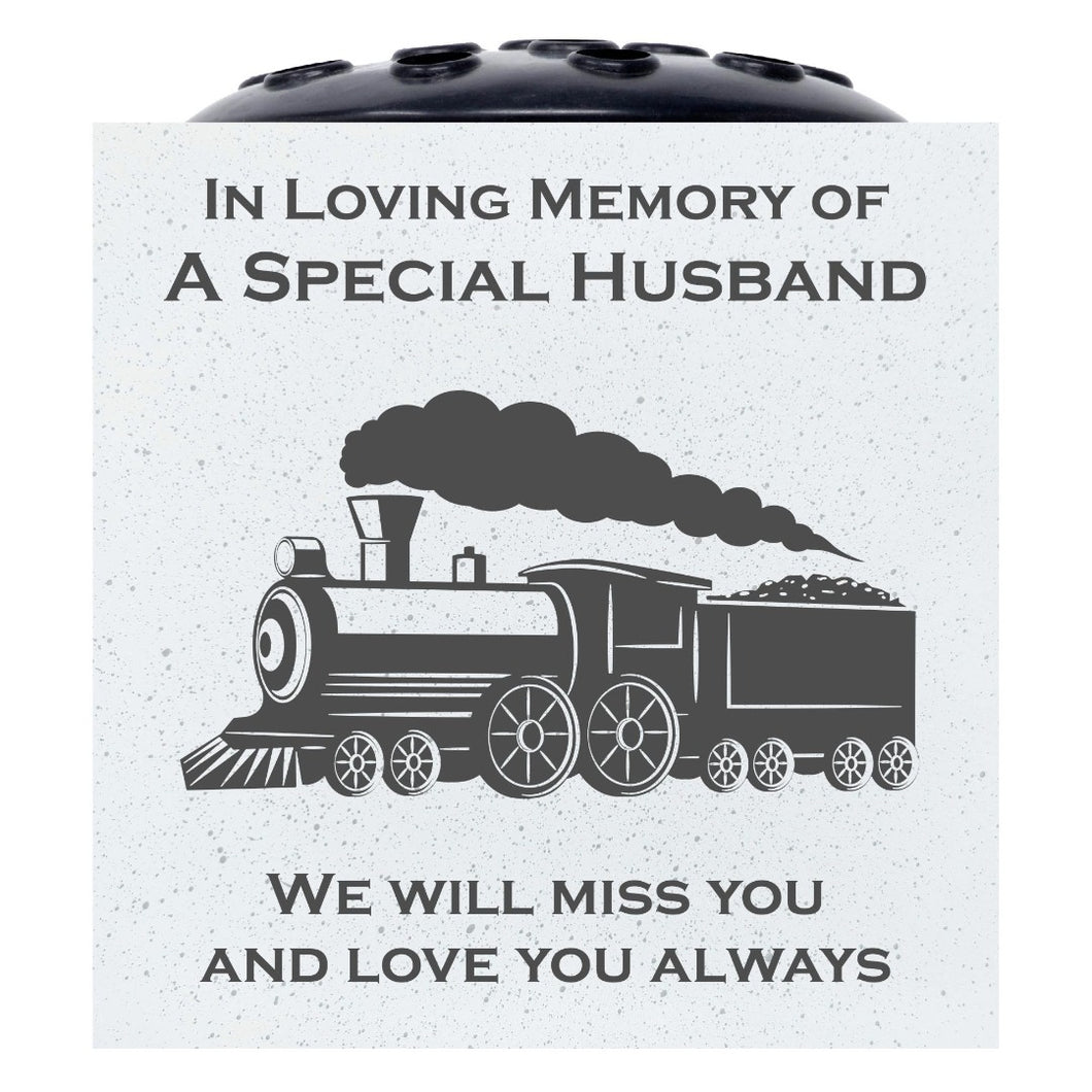 Special Husband Steam Train Memorial Graveside White Flower Bowl Vase Pot