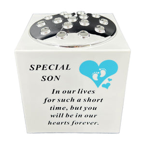 Special Son Blue Little Boy Baby Memorial Graveside Flower Vase Container White and Silver