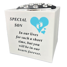 Load image into Gallery viewer, Special Son Blue Little Boy Baby Memorial Graveside Flower Vase Container White and Silver