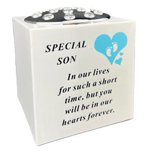 Load image into Gallery viewer, Special Son Blue Little Boy Baby Memorial Graveside Flower Vase Container White and Silver