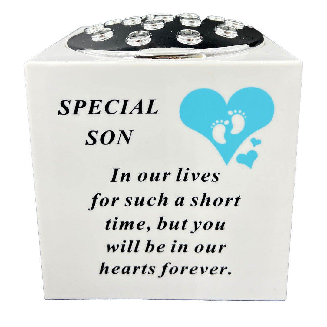 Special Son Blue Little Boy Baby Memorial Graveside Flower Vase Container White and Silver