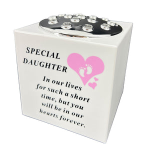 Special Daughter Pink Little Girl Baby Memorial Graveside Flower Vase Container White and Silver