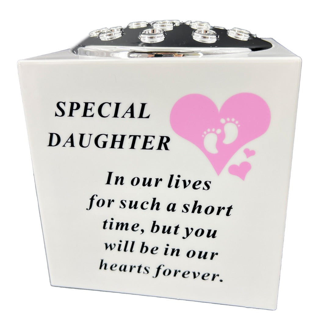 Special Daughter Pink Little Girl Baby Memorial Graveside Flower Vase Container White and Silver